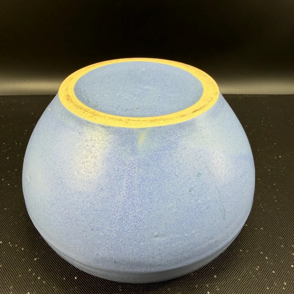 Antique Pale Blue Pottery Large Flower Frog 6-Hole Round Pottery Vase Vessel VTG